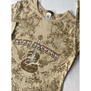 ALAN JACKSON Guitar Print. Printed  autograph shirt top L May fit S M 3/4 Sleeve